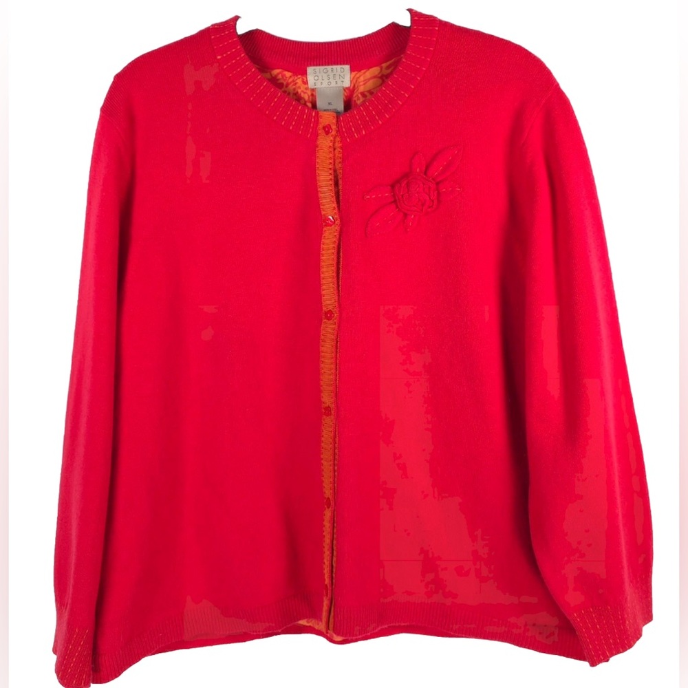 SIGRID OLSEN SILK RABBIT HAIR Blend Cardigan Sweater Silk Lined Applique Size XL
